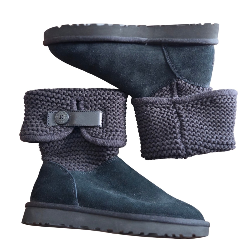 UGG Shania Sweater Knit Slouch Black Suede Knit Cuff Button Boots 7 Shearling
